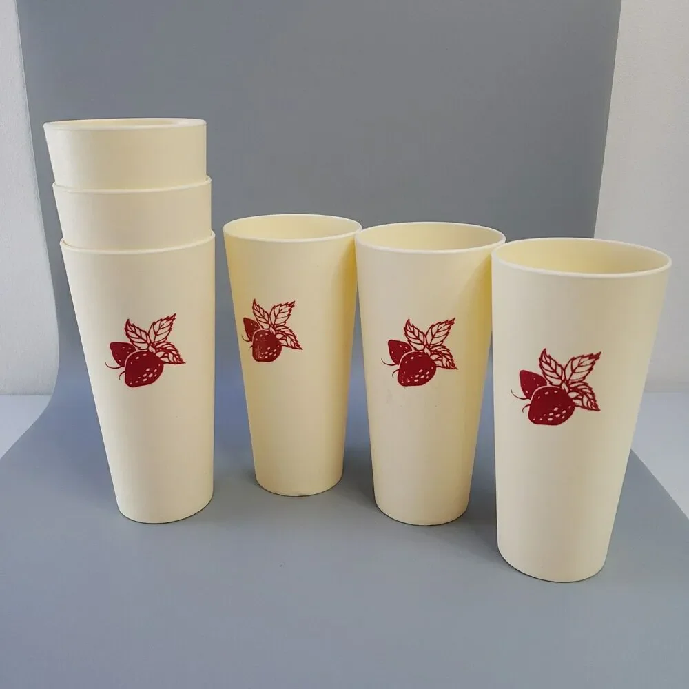 Vintage Strawberry Cups Plastic Tumblers Red Cream Set of 6 Retro Kitchen